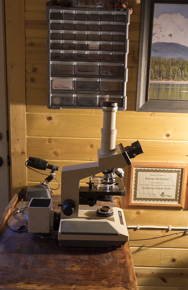 This image shows my Olympus BHS scope with polarizer attachments (no rotating stage, don't really need one). The Olympus phototube L with photo projection eyepiece is atop the scope and will mate with a Canon 5DMk4 with tether to computer for live view and images. Behind the scope is an old AO stereoscope light and a cabinet with goodies. My USB cable has come un-taped and is hanging on the wall next to the other cord.