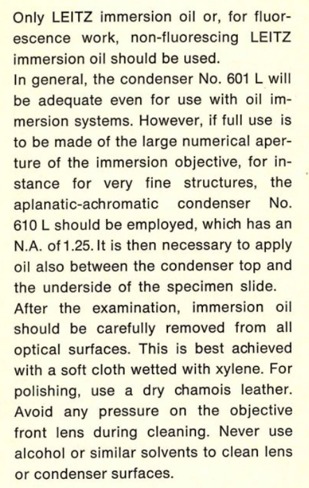 Leitz condensers and using oil immersion lenses