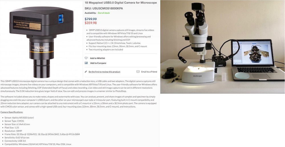 Specifications of Amscope 18MP digital camera, and my current Amscope stereo-microscope setup