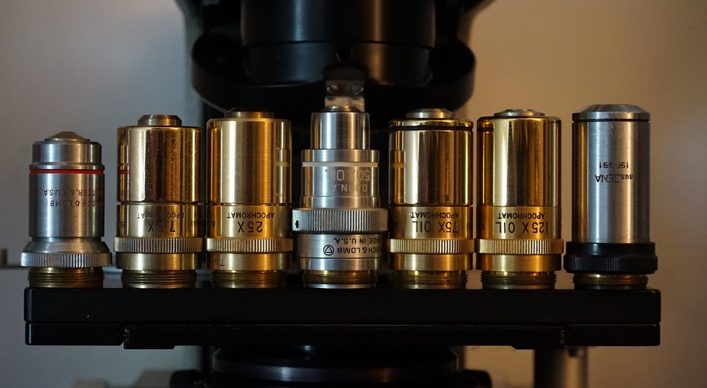 7.5X .20 , 25X .65 , 50X .80 oil (planfluorite) , 75X 1.20 oil and 125X 1.4 oil  flat field apochromats flanked by a conventional B &amp; L 97X 1.3 160mm objective on the left and a Jena D.I.N. objective on the right for comparison.