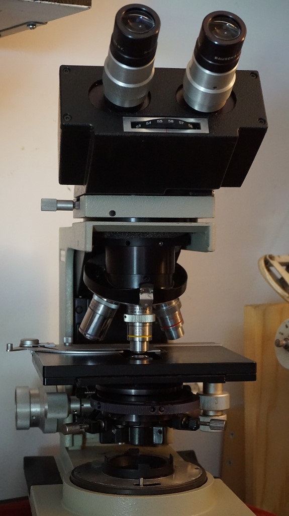 Front view of the basic 20 watt halogen  phase contrast instrument. There were many permutations, including vertical DIC, 100 watt research stands and pol