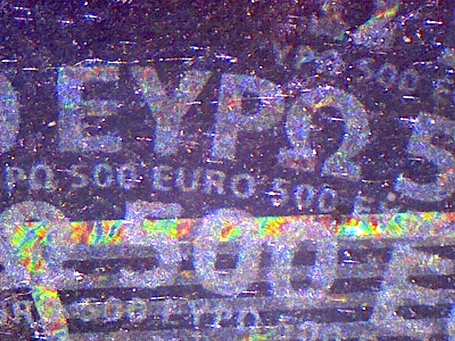 500 Euros bill detail, Celestron 10x