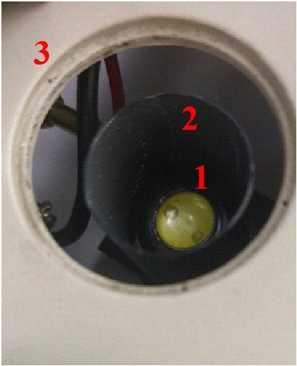 1) eagle's eye LED within barrel inside microscope base. 1 LED, 2 eyepiece barrel, 3 opening in stage.jpg